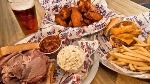 sliced pork, sides sauce, wings and chees burger